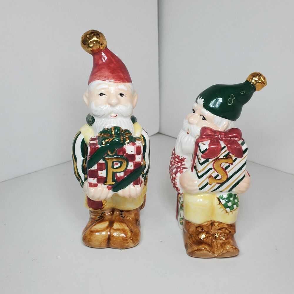 Vtg Santa Salt And Pepper Shaker Set Gold Accents Holiday Christmas Decor